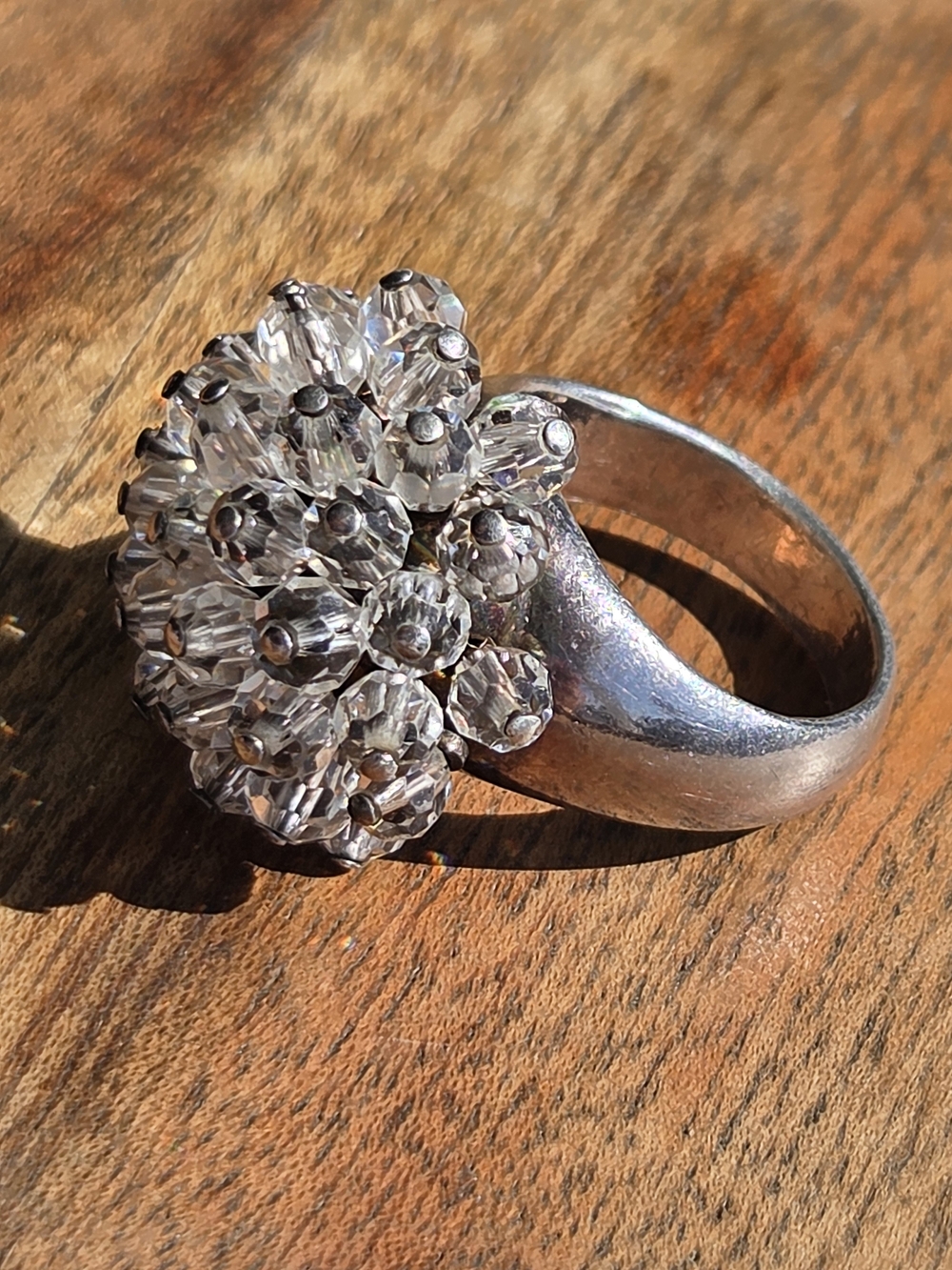 Vintage Crystal Cluster Sterling Silver Flower Ring -